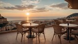 Fototapeta  - Landscape of outdoor luxury cafe table and chairs on rooftop in Monaco with sea view and beautiful sunset sky. Ai Generative.