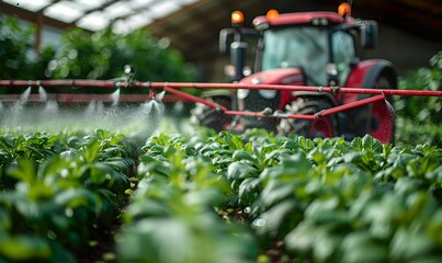 A tractor spraying pesticides on a vast field of crops on a spring day in the countryside