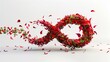 Digital generated image of red infinity sign made out of leaves and flowers transforming into water drops on white background. Biofuel transformation process.


