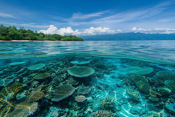 Wall Mural - Tranquil lagoon with vibrant coral reefs visible beneath the surface