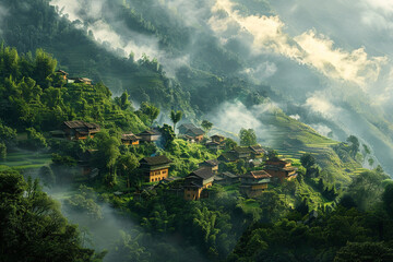 Wall Mural - Tranquil mountain village nestled amidst verdant slopes