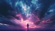Meditation Mindfulness Spiritual Life - Silhouette Person Man Standing at Heaven Fantasy Landscape with Shining Cloudy Sky
