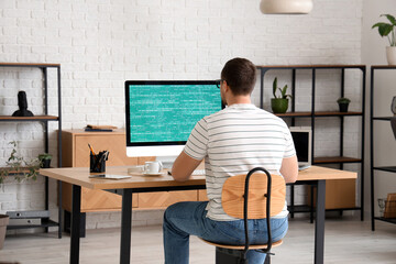 Male programmer working with computer in office, back view