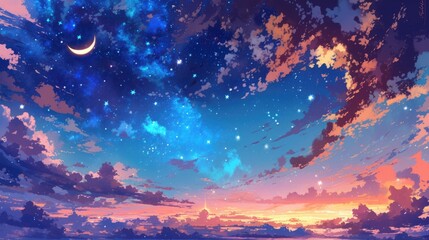 Wall Mural - illustration of a vibrant night sky featuring a canopy of stars a glowing moon and swirling clouds s