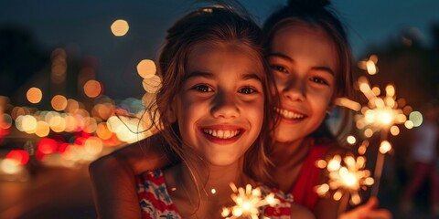 Joyful two children celebrating Independence Day with sparklers, festive lights in background, vibrant colors of night; joyful expressions.