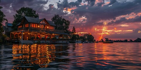 Vibrant Independence Day celebration by lakeside with illuminated house and dazzling fireworks in twilight sky reflecting on calm water.