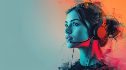 Wall Mural - Woman Wearing Headset Against Colorful Background