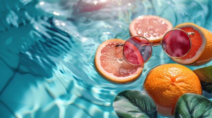 Wall Mural - Blue Background With Oranges, Starfish, Sunglasses, and Palm Leaves