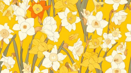 Wall Mural - Delicate white narcissus flowers form a pattern against a vibrant yellow backdrop in this charming hand drawn 2d illustration