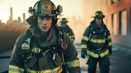 Wall Mural - Handsome firefighter wearing a uniform while carrying out his duties to save from a fire