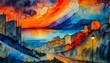 An alcohol ink mosaic depicting stormy skies at sunset, with swirling grays and dark blues