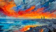 An alcohol ink mosaic depicting stormy skies at sunset, with swirling grays and dark blues