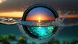 Hyper realistic Camera lens view of ocean and sunset through lens 