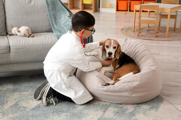 Poster - Cute little doctor listening to Beagle dog with toy stethoscope at home