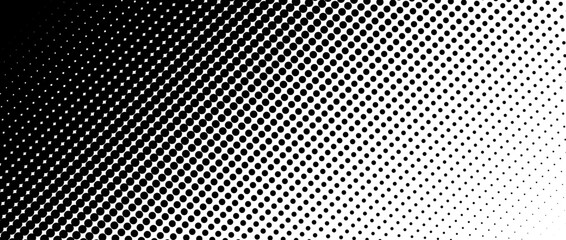 Wall Mural - Dotted halftone diagonal texture. Fading polka dot gradient background. Repeating dots gradation pattern. Black vanishing comic pop art overlay backdrop. Raster effect wallpaper. Vector illustration