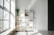 Shelving unit, window and houseplants near white wall in light room