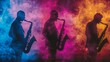 Three Silhouettes of Men Playing Saxophone Against a Colorful Background