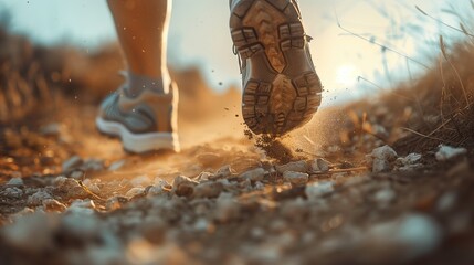 feet in sneakers run across a dusty road. sport and athlete, foot problems concept