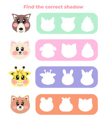  Set of educational preschool kids, children mini game. Choose correct answer. Find the correct shadow of cute kawaii wolf, cat, kitten, giraffe