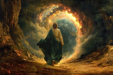 Wall Mural - After life: the concept of death and the beyond through the light at the end of the tunnel and the door to the afterlife