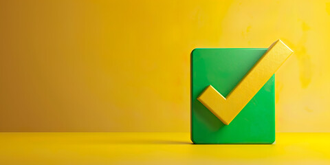 Poster - Yellow check mark on green box. 3D illustration