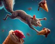 A dramatic shot of a squirrel leaping from a treetop to snatch a discarded ice cream cone, its determination to satisfy its sweet tooth outweighing the risk of falling