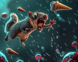 A dramatic shot of a squirrel leaping from a treetop to snatch a discarded ice cream cone, its determination to satisfy its sweet tooth outweighing the risk of falling