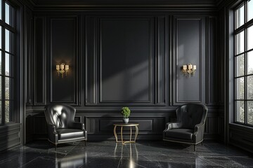 Wall Mural - Classic black modern interior empty room with lounge armchairs, Elegance touch table and mirrors.