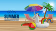 hello summer banner with beach umbrella, palm tree, inflatable unicorn and beach ball on beach landscape