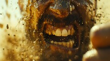 Detailed View Of A Dogs Mouth With Water Splashing On It, Revealing Broken Teeth And A Clenched Fist In The Background.