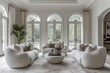Hollywood Regency-style white living room with glamorous accents and luxe fabrics,.