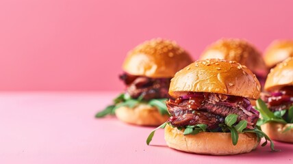 Wall Mural - Three pulled pork sandwiches with green leaves on pink background