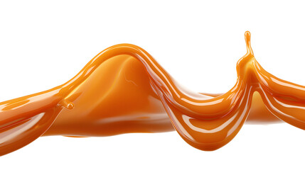 Delicious melted caramel texture. Flow, wave and drops splash caramels sauce. Sweet food isolated on white background.