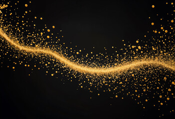 A shimmering, golden wave pattern flows over a dark background with sparkling particles. Product package design. Abstract and festive holiday theme background.