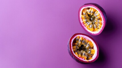 Wall Mural - Two halves of passion fruit on purple background