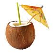 A tropical coconut drink complete with a straw and decorative umbrella, embodying the essence of summer refreshment.