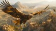 A magnificent eagle gracefully glides through the sky above a picturesque mountain side town, casting a shadow over the quaint buildings below.