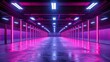 A mesmerizing long hallway adorned with vibrant neon lights, casting an otherworldly glow and leading the way to an electrifying pink ring for fights without rules.