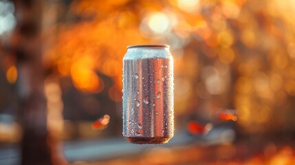 A plain light aluminum metal can on a vibrant colorful background. 