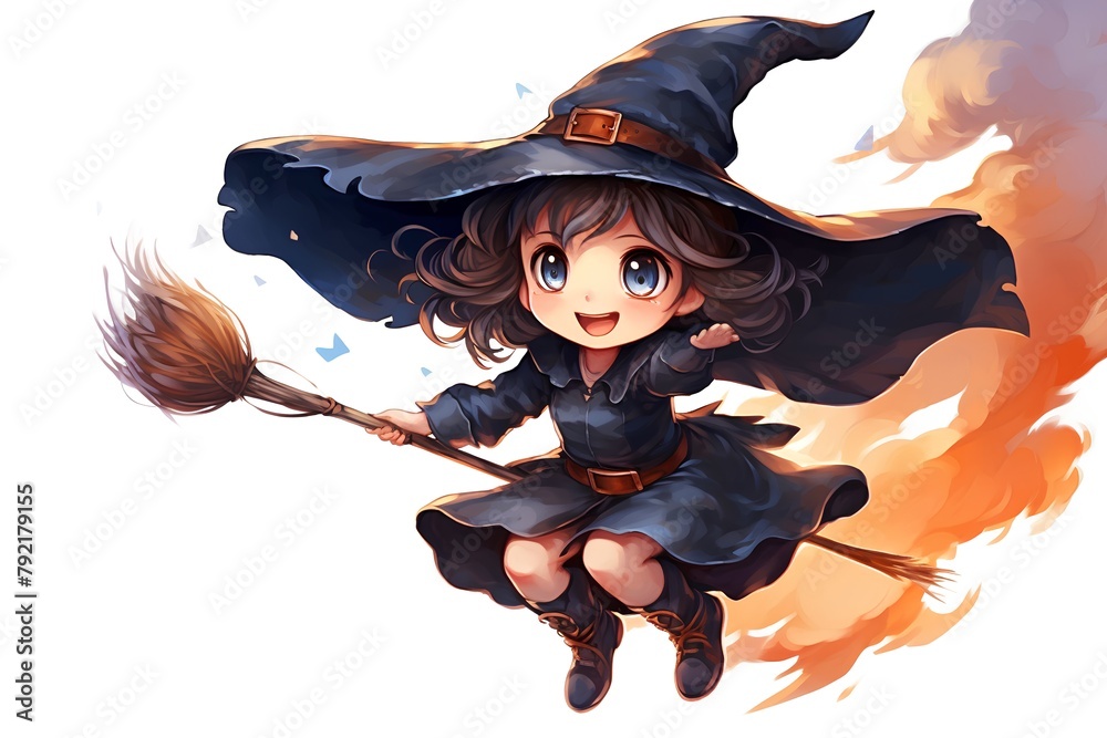 Cute little witch flying on a broomstick. Vector illustration. Stock ...