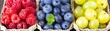 Wild and garden raspberries and blueberries in a wicker basket. Concept: sale of fruits, vitamins and ingredients for desserts and snacks