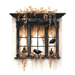 Halloween window with pumpkins. Watercolor illustration on white background