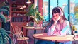© LofiAnimations - a beautiful girl is listening to music by a headphone in a cozy cafe, chilled, pink, manga style illustration. anime girl. Illustration
