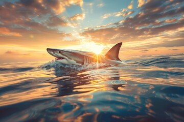 Wall Mural - A shark is swimming in the ocean with the sun shining on it