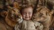 © tydeline - Portrait of a skinny smiling baby surrounded by two kissing lions