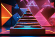 'Pyramid illuminated turned around paper angle podium background shapes neon fan Concept geometric poduim abstract geometry shape product balance cardboard stage dais modern trend'