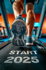 Wall Mural - Man is running on a treadmill with the words Start 2025 on the floor. Concept of determination and motivation