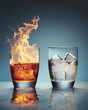 Fire and Ice Duo Glasses of Contrast, one with fire flames leaping out and the other filled with ice cubes, visual metaphor for contrast and opposition