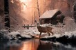 Beautiful winter landscape. The deer walks along the bank of the river and looks for food.