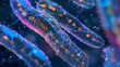 A colorful microscopic image of a of tiny thin and cylindrical nematodes floating in a dark blue aquatic environment.